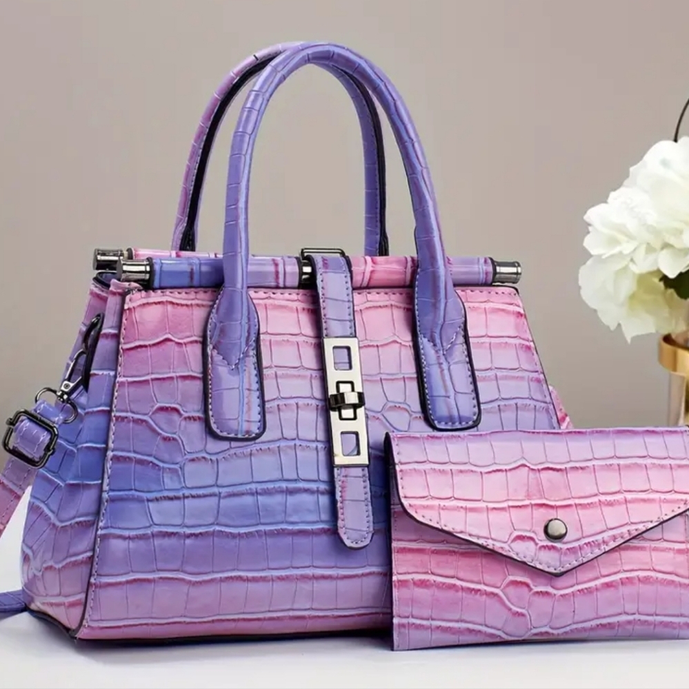 New! STYLISH Gradient Pink Purple Moc Croc Alligator Embossed Satctchel Purse.